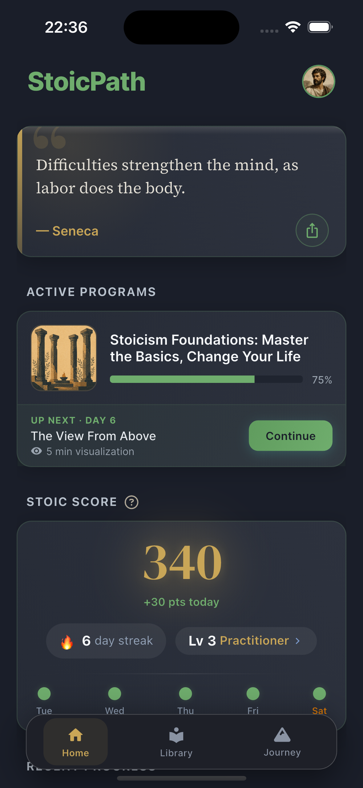 Stoicademy home screen with the daily Stoic quote
