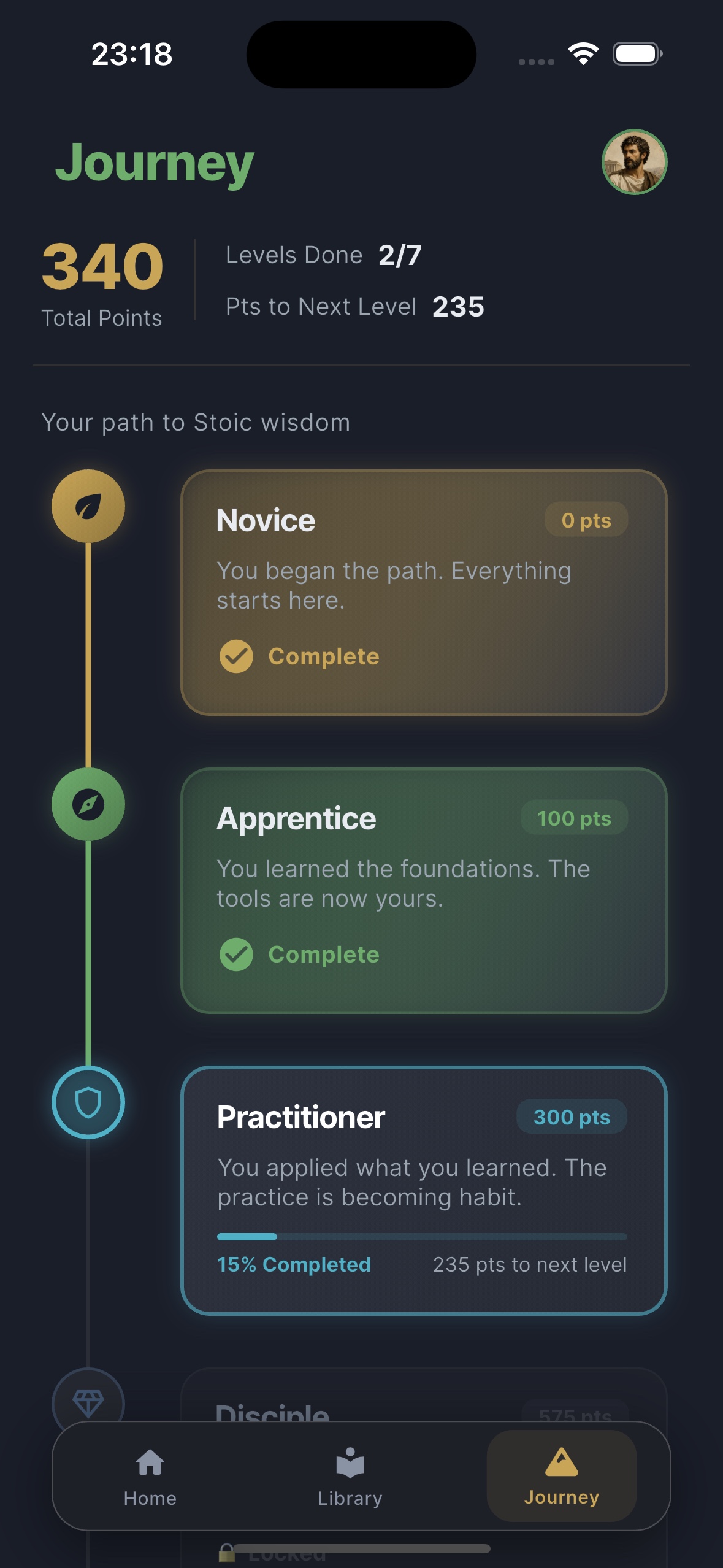 Stoicademy journey screen showing levels